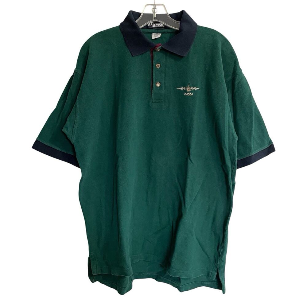 LA LOVING Polo Shirt Men XL Green Blue Contrast Collar Embroidered Airplane